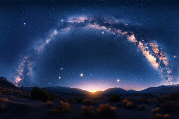 Wall Mural - A mesmerizing panorama of the Milky Way galaxy unfolding above a serene desert mountain range at night.