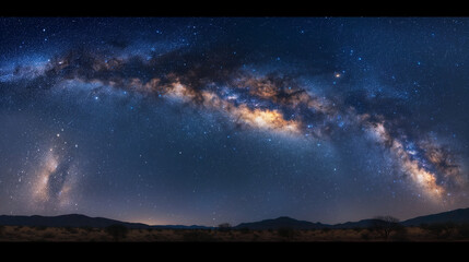 A mesmerizing panorama of the Milky Way galaxy unfolding above a serene desert mountain range at night.