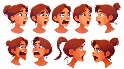 Wall Mural - Set of animated mouths from a Caucasian woman isolated on white background. Modern cartoon illustration with sound pronunciations, happy and angry emotions.
