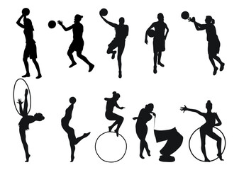 Wall Mural - Single silhouettes of women's sports. Basketball, gymnastics. Isolated vector