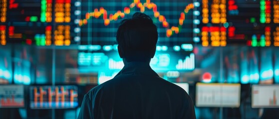 Poster - Trader analyzes projected ticker numbers and graphs to decide what to sell. Behind him, he is surrounded by screens and statistics.