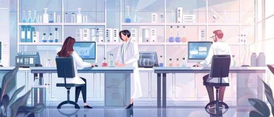 Poster - Scientists working on their computers in a big modern laboratory. There are a variety of shelves with beakers, chemicals, and different technical equipment visible.