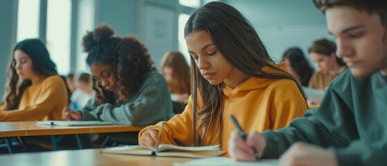 Poster - student row, multi-ethnic, taking quizzes, tests, and writing in notebooks. university students.