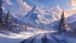 Develop a prompt featuring a snowy road that serves as the path to a remote mountain retreat