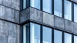 Moving to a modern building we see a closeup of smooth concrete panels in shades of gray and charcoal interrupted by clean lines of glossy black metal framing large windows. .