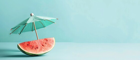 Wall Mural - Minimal concept with watermelon umbrella on pastel blue background. Creative idea.