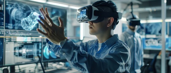 Poster - A computer engineer works with hologram visualization of the 3D model while wearing a VR headset. His coworkers are busy in the engineering bureau in the background.