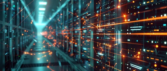 Poster - Rows of rack servers connected by LAN connection lines in a working data center.