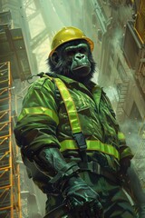 Wall Mural - A gorilla wearing a hard hat and safety vest in the city, AI