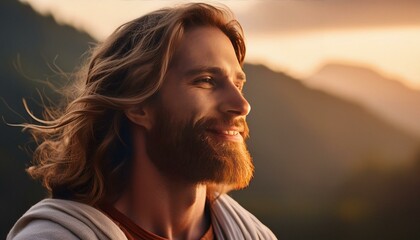 Wall Mural - Jesus Christ Portrait side view with smile