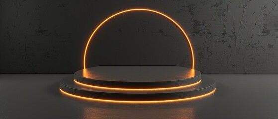 Poster - 3D rendering of a blank product stand with neon lighting on a gray background