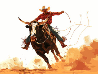 Animated Rodeo Arena: Cowboys Showcase Their Skills in Bull Riding, Barrel Racing, and Lasso Throwing