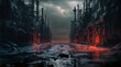 Desolate Industrial Cityscape at Night with Eerie Red Lights and Ominous Atmosphere