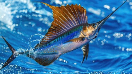 Develop a visual representation of the sailfish engaging in oceanic acrobatics, with its body arched mid-leap over the vibrant blue sea water