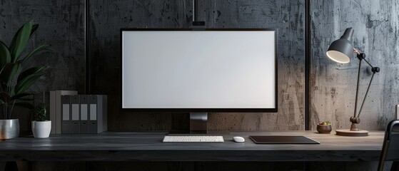 Poster - Computer mockup on black table with blank screen.
