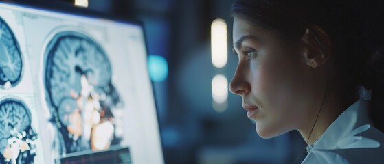 Sticker - A woman medical scientist works at a laboratory with brain scan images on a PC. Neurological Research Center focusing on brain tumor cures.