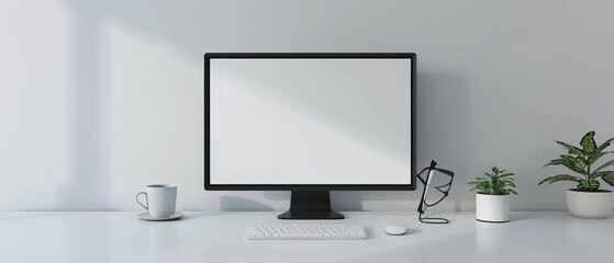 Poster - A mock up of a work area computer with a blank screen, placed on a white table.