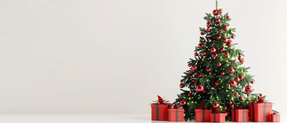 Canvas Print - The Christmas tree is surrounded by red gift boxes on a white background. This rendering is in 3D.