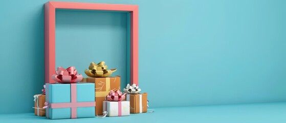 Canvas Print - Framed gift box on pastel blue background. 3D rendering