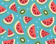 Colorful pattern with watermelon and kiwi slices on a teal background with white polka dots
