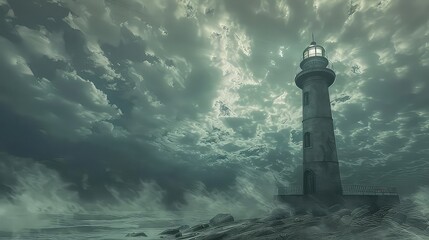 Wall Mural - A solitary lighthouse standing against a stormy sky, guiding lost souls back to shore.
