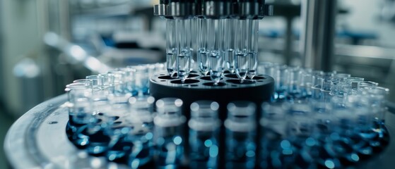 Poster - An industrial shot depicting a sterile high precision factory machinery producing items for medical use, sterilising and filling items. Abstract concept.