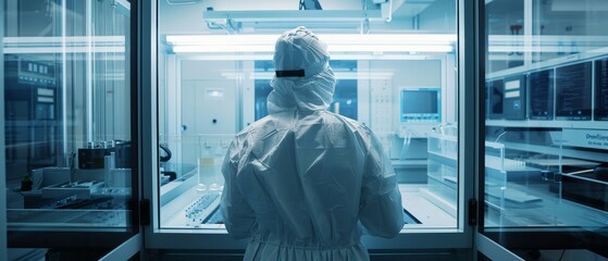 Poster - From Inside a Pharmaceutical, Biotechnological and Semiconductor Manufacturing Facility. A scientist wearing sterile protective clothing works on a modern industrial 3D printing machine.
