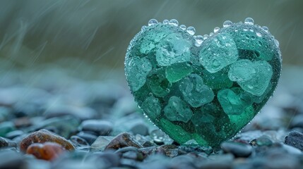 Sticker - A heart shaped rock covered in rain drops sitting on a pile of rocks, AI