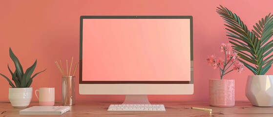 Poster - Typical office workspace with a computer on a wood table with a blank screen. This is Pantone's 2019 Living Coral color.