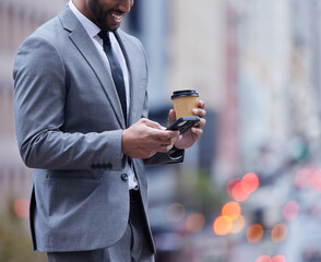 Aufkleber - Phone, search or businessman with coffee in city for travel, chat or b2b client communication. Smartphone, app or entrepreneur in New York for job opportunity, immigration or social media scroll