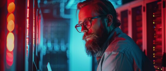 Poster - An IT specialist in glasses works on his laptop in a data center while standing near a server rack. Running diagnostics, performing maintenance on the server. An emergency red light illuminates the