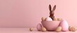 The chocolate bunny is shown in pastel eggs against a white bright background. An Easter minimal concept is presented in 3D.