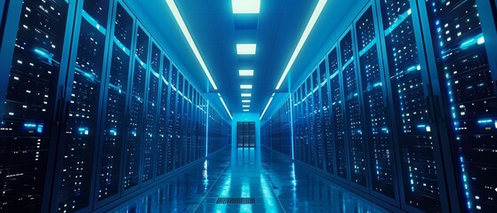 Poster - Panorama shot of a working data center with rows of rack servers. A blue led light blinks and computers are working. The light is dim.
