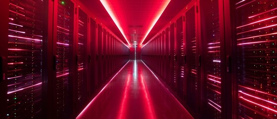 Poster - A wide-angle panoramic shot of a working data center with rows of rack servers. Red emergency lights are blinking and computers are active.