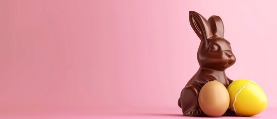 Poster - An Easter chocolate bunny with a yellow egg on an Easter pastel pink background. A 3D rendering is shown.