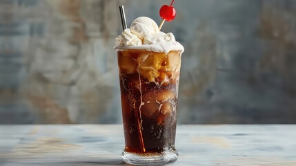 Wall Mural - A tall glass of frothy root beer float, with creamy vanilla ice cream floating in bubbly root beer soda, served with a straw and a cherry on top for a nostalgic treat.