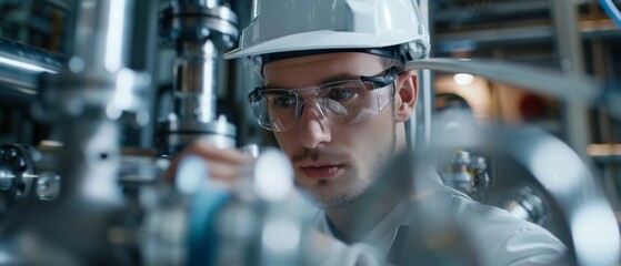 Poster - The Industrial Engineer in his hard hat and classes connects two components he designed. Precision in mechanical engineering.