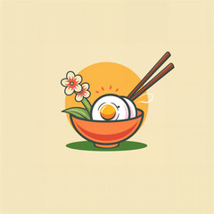 a bowl with chopsticks and an egg in it with a flower in it and a pair of chopsticks sticking out of the side