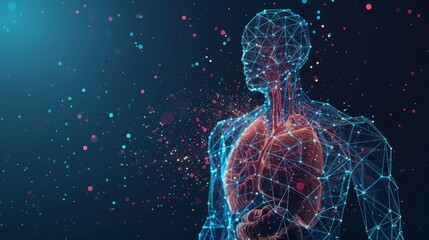 Poster - In this illustration, the cardiovascular system is represented by a modern isolated heart with a pain center. It is a low poly wireframe based on a polygonal 3D human body and organ on a dark