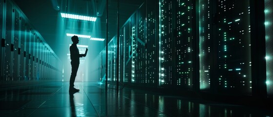 Wall Mural - Dark Data Center: Male IT Specialist Uses Laptop for Maintenance Among Rows of Operational Server Racks. Cloud Computing, Artificial Intelligence, Cybersecurity Concept.