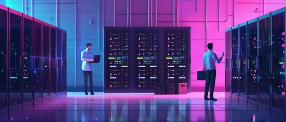 Poster - Data center engineer and IT specialist working with server racks, talking, checking the database with laptop computer, checking cybersecurity. Concept of database diagnosis, diagnostics of cyber