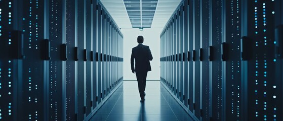 Poster - Dark Data Center: IT Specialist uses laptop for maintenance among rows of operational server racks. Concept for cloud computing, artificial intelligence, supercomputers, and cybersecurity.