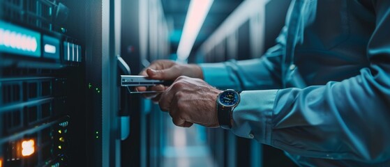 Poster - Modern Data Center: IT Engineer holding New HDD Hard Drive in preparation for installing hardware equipment in server rack. IT Specialist performing maintenance and updating hardware.