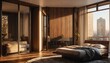 brown wood theme penthouse bedroom luxury unit and morning sunlight rays from Generative AI