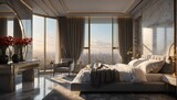 Fototapeta  - gray marble penthouse bedroom luxury unit and morning theme penthouse bedroom luxury unit and morning sunlight rays from Generative AI