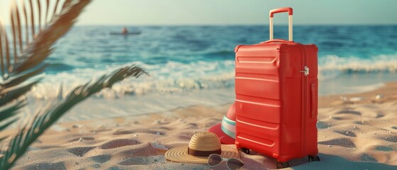 Wall Mural - Vacation concept. Travel suitcase on sand with beach accessories. 3D rendering of a summer vacation location.