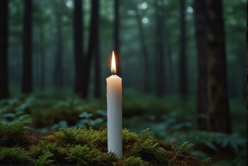 A white candle on a forest background