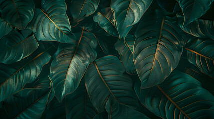 Canvas Print - Foliage of tropical leaf in dark green texture, abstract pattern nature background.