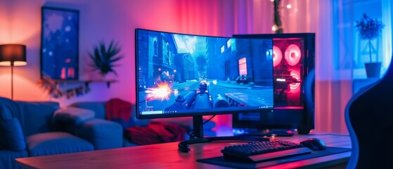 Poster - Gamer's PC with First-Person Shooter Game on Screen. Monitor Standing on the Table. Cozy Room with Pink Neon Lighting.