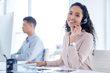 Poster - Portrait, smile or businesswoman with headset in office for career, call agent or telecommunication. Employee, female person or consultant for advice, support or answer questions for customer service